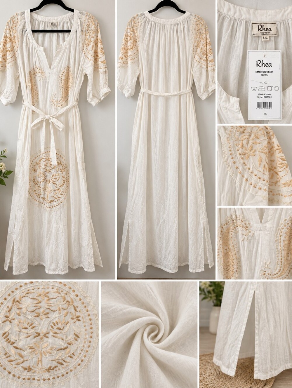Women's White Embroidered Tie-Waist Dress
